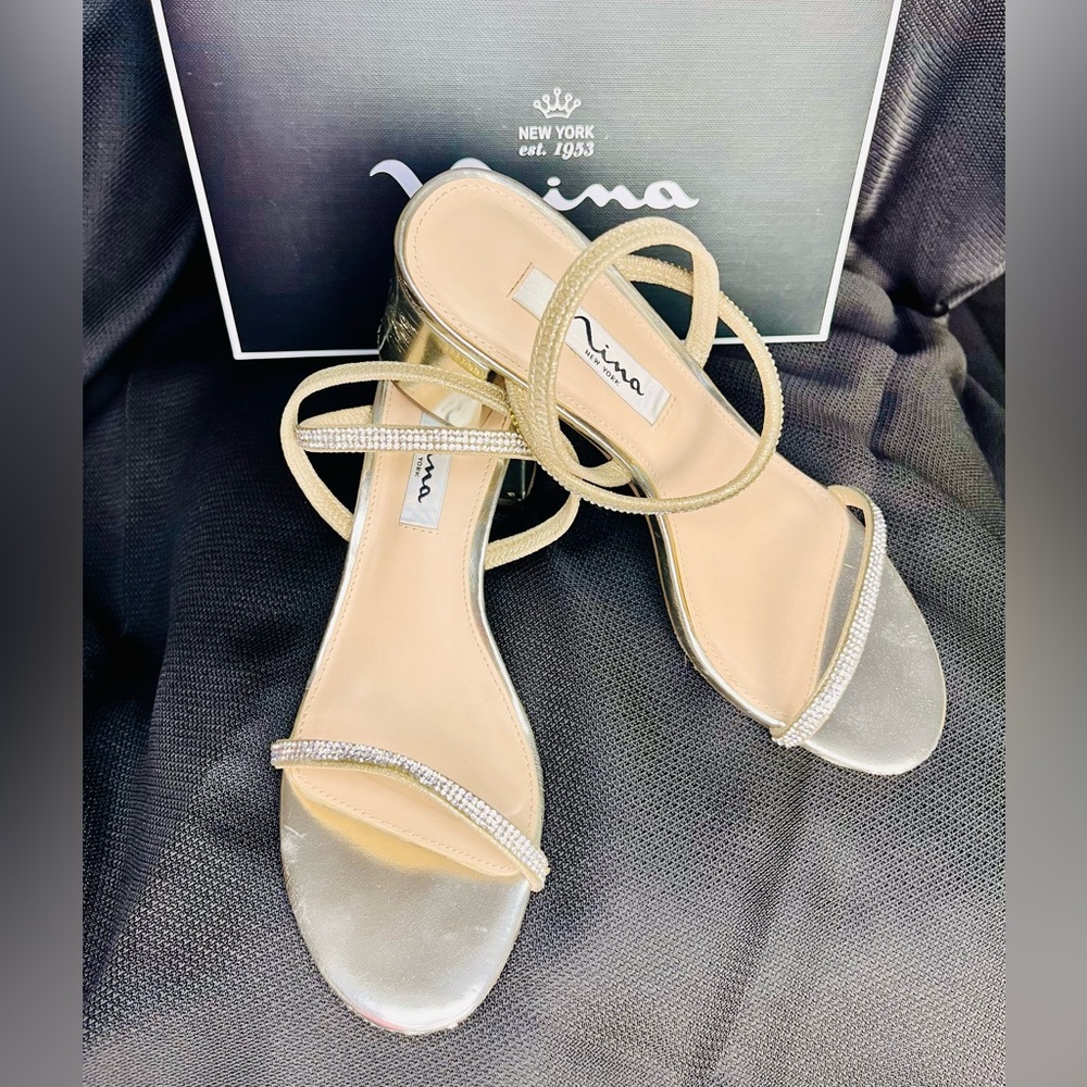 Nina Nissy taupe/gold strappy sandals, 7.5 embellished with rhinestones